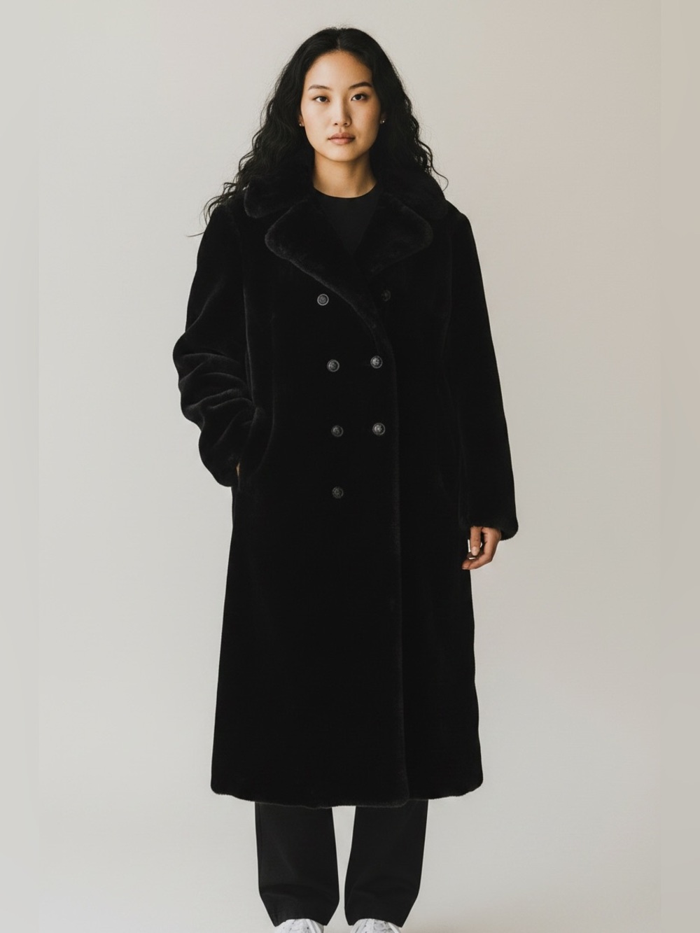 VINTAGE Faux Fur Double-Breasted Long Teddy Coat